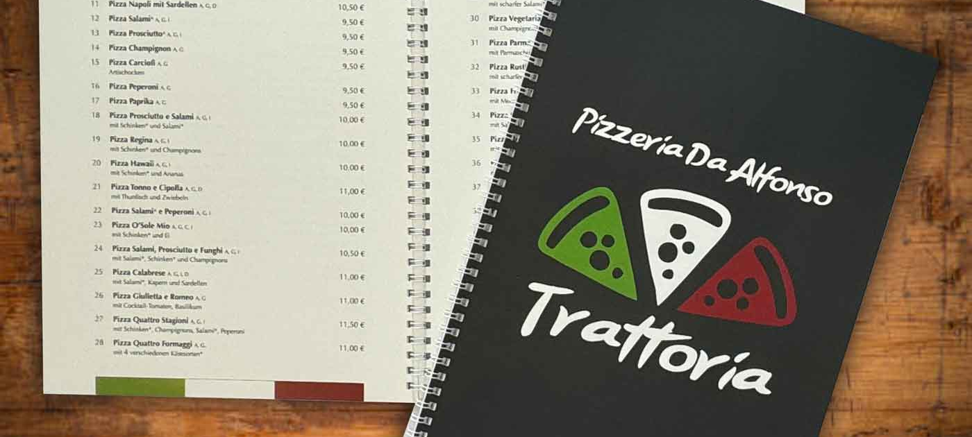 Speisekarte aus synthetischem Papier für Pizzeria – abwischbar, Druck auf 250 my
